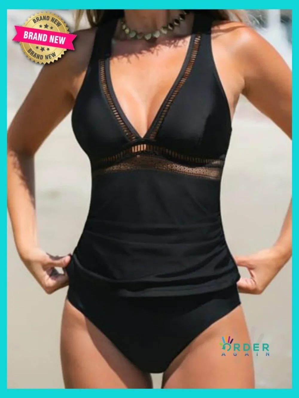 V Neck Tankini Set Mesh Crisscross Back Adjustable Straps Two Piece Swimwear